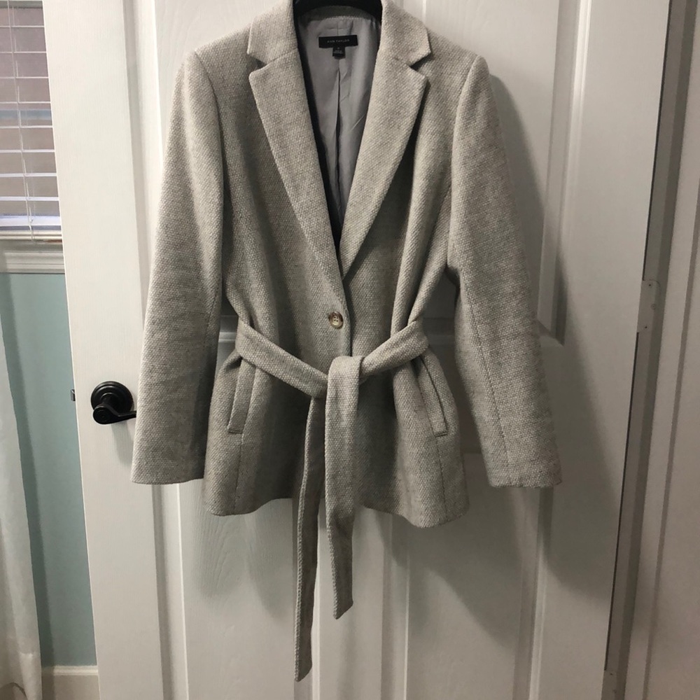 Ann Taylor light gray belted wool blend blazer 10